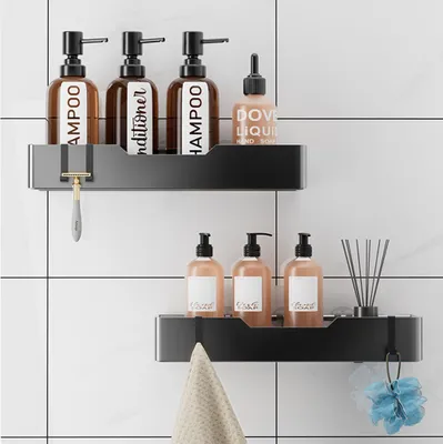Produktbild von Duschablage ohne Bohren - 2 Stück rostfreie Badezimmer Organizer, schnell trocknende Badregal, mit großer Kapazität, langlebige Shampoo Halterung für Dusche aus Edelstahl, 4 Haken