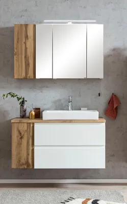Produktbild von Badmöbel-Set >Paris< (2-teilig) in weiß / Wotaneiche-Nachbildung - 105x195x47 (BxHxT)