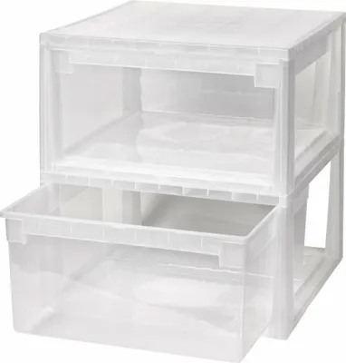 A stack of two clear plastic storage boxes, one drawer is pulled out.