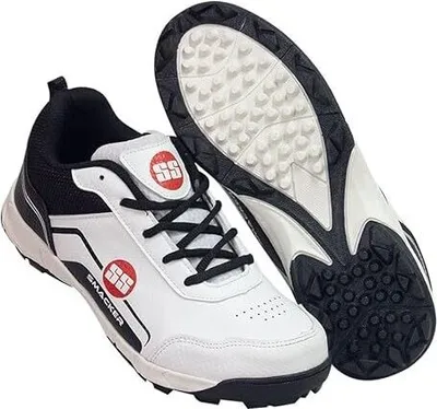 Produktbild von SS SMACKER Cricket-Schuh (Farbe: Weiß & Navy, Größe: UK6/ US7/ EU40) | Für Herren & Jungen | Material: Polyurethan (PU) | Leichtgewicht | Verbesserte Stabilität im Spiel