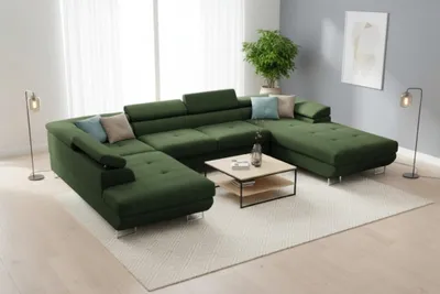 Productafbeelding van Zitmeubel met slaapbank GIANLUCA, bekleed met stof Gerra in de kleur groen, met een poef van 105 cm, rechts