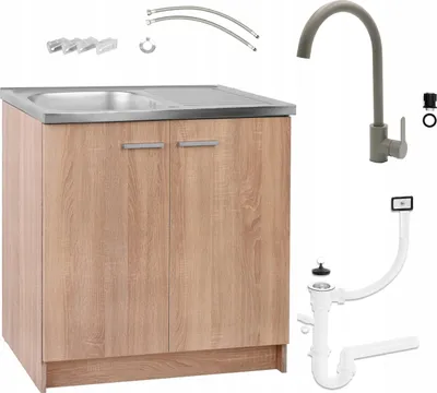 A product shot of a kitchen cabinet with a sink, faucet, and plumbing accessories, all arranged on a white background.