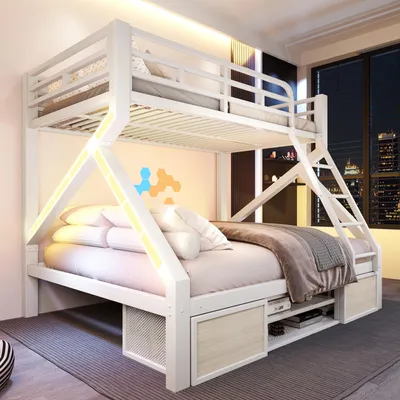 Produktbild von Flieks Etagenbett 90x200/140x200 cm mit Leiter, Doppelstockbett mit Schuhschrank und Staufächern, Hochbett mit Sicherheitsgeländer, Weiß, Metall+MDF