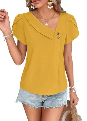 Image de TUUHAW - Tunique pour femme, idéale pour l'été, chemisier décontracté à manches courtes, style bohème, couleur jaune