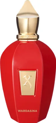 A red perfume bottle with a gold cap and gold emblem on a white background.