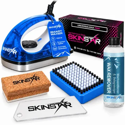 Imagen del producto de Kit de cera para esquí SkinStar, 6 piezas: plancha para cera, cera, cepillo, limpiador de bases, corcho