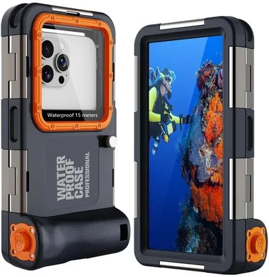 Produktbild von Professionelles Tauch-Telefongehäuse – IPX8, blau-oranger Farbe, für Smartphone