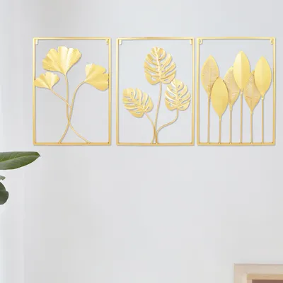Zdjęcie produktu dla Metalowa dekoracja ścienna Zestaw 3 rzeźb wiszących Golden Ginkgo Biloba do salonu, sypialni, łazienki