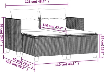 Produktbild von vidaXL Gartensofa 2-Sitzer mit Hockern Schwarz Poly Rattan
