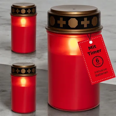 Productafbeelding van Novaliv LED-grablichthouders met batterij en timer, rood, 6/18 stuks. 3x LED-kaarsen. Begraafplaatslamp, LED-kaars voor begraafplaats, LED-kerze, buitenkerze, gedenkkerze, graflicht, eeuwig licht, rouwkaars