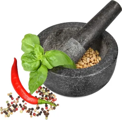 Produktbild von Granit-Mischer-Set - Kräuter-Mischer groß - für Kräuter-Pesto - Masher mit Pflug - Durchmesser 16 cm