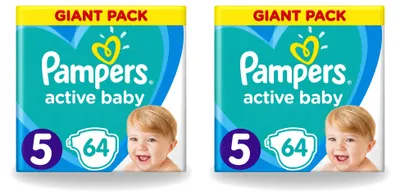 Zdjęcie produktu dla 2 sztuki pieluch dla niemowląt Pampers Active Baby, rozmiar 5 (11-16 kg) - opakowanie ekonomiczne