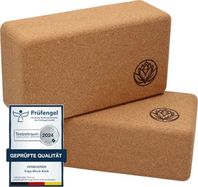 Produktbild von Kaleido.Shop Yogablöcke Kork 2er Set, 22 x 12 x 7,5 cm, 460g, leicht, handlich, elastisch, rutschfest, pflegeleicht, antistatisch, mit abgerundeten Kanten, für Anfänger & Fortgeschrittene
