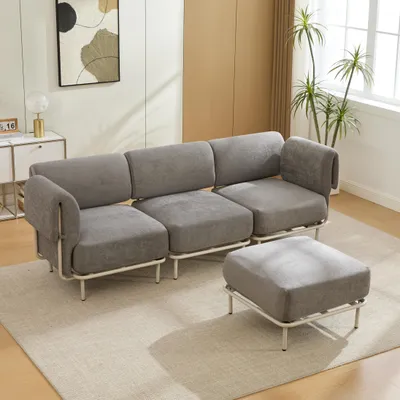 Imagen del producto de Sofá modular MODFU de 3 plazas con reposapiés, sofá de esquina en forma de L, tapizado en chenilla. Sillón modular tipo "poster" y sillón reclinable para sala de estar, color gris