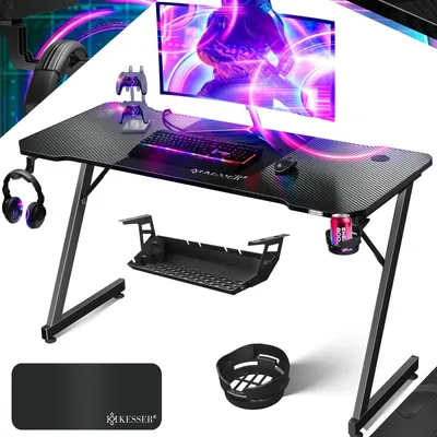A gaming desk setup with a monitor, keyboard, mouse, headphones, and accessories, presented in a dynamic, digitally enhanced scene.
