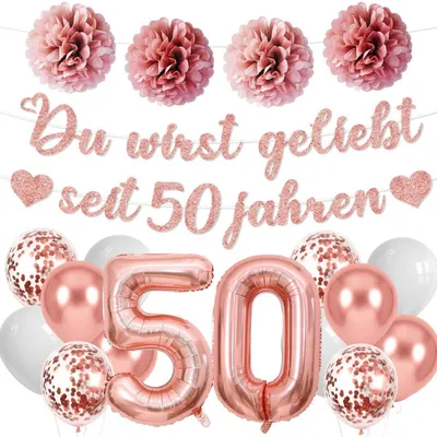 Zdjęcie produktu dla Zestaw dekoracyjny "50 urodziny" - balony i girlanda w kolorze różowego złota