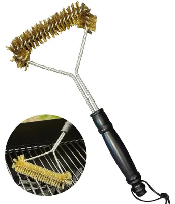Produktbild von Messing Grillbürste 2er Set, Grillreiniger für Gusseisen Grillrost, mit Edelstahlschaber, schonende Reinigung für Gas- & Holzkohlegrill