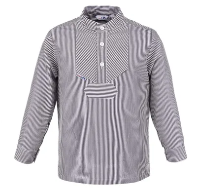 Produktbild von modAS Kinder Fischerhemd Sommer Langarm-Shirt mit Stehkragen - Gestreiftes Hemd im Finkenwerder-Stil in Marine-Weiß (053) Größe 140