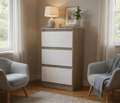 Produktbild von Kommode - mit 3 Schubladen - Sonoma/Weiß - 40 x 70 x 33 cm B/H/T - Moderne Sideboard - Minimalistisch - für Wohnzimmer - Schlafzimmer - Alana 1
