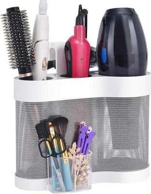 Image de Tomivo® : Support pour sèche-cheveux – Support mural et de table en ABS, acier inoxydable et silicone, avec 3 compartiments spacieux, un rangement pour câbles et un clip pour accessoires, idéal pour sèche-cheveux, boucleurs et lisseurs
