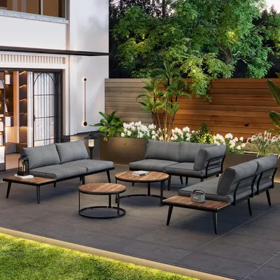Image de Salon de jardin pour 5 à 6 personnes, ensemble de 6 pièces comprenant une table à manger en fer galvanisé, 2 canapés, 2 fauteuils et 2 tables. Ensemble de mobilier de jardin en bois d'acacia, résistant aux intempéries