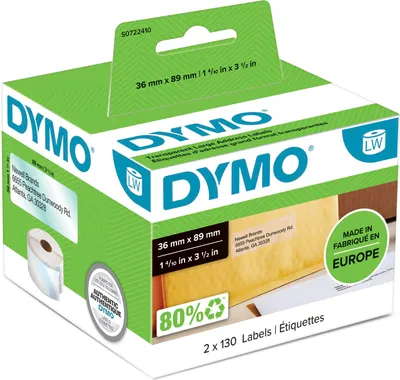 Produktbild von DYMO Original LabelWriter Adressetiketten | 36 mm x 89 mm | schwarz auf transparent | 2 Rollen mit je 130 leicht ablösbaren Etiketten (260 Etiketten) | selbstklebend | für LabelWriter Etikettendrucker und Beschriftungsgerät