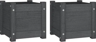 Obrázok produktu pre Sada 2 drevených kvetináčov – 31 x 31 x 31 cm – masívne smrekové drevo – štvorcové kvetináče s odtokom – šedá farba – vhodné do exteriéru, na balkón a terasu