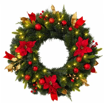 Produktbild von 24-Zoll künstlicher Weihnachtskranz mit warmweißen LEDs, roter Schleife & gold/rotem Zweifarben-Look