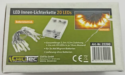 Produktbild von ChiliTec LED Lichterkette 2Meter 20 LEDs I Batterie Betrieb 3X AA Mignon I Dekoration für Tisch Pflanze Regal I Warmweiß