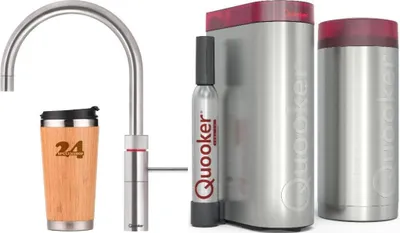 Produktbild von »QUOOKER FUSION ROUND Festauslauf Edelstahl COMBI B mit CUBE 2 (22FRRVSCUBE)« 100°C Kochendwasserhahn mit Trinkwassersystem Inklusive Thermobecher
