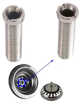 Two stainless steel sink drain screws are shown, with a close-up of a sink drain and a separate drain basket.