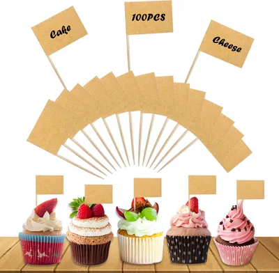 Produktbild von 100 Stück blanke Zahnstocher-Lebensmittelflaggen aus Kraftpapier, Party-Lebensmitteletiketten, Buffet-Etiketten, Cocktailspieß-Flaggen, Lebensmitteletiketten, Käsebrett-Etiketten für Obst, Salat, Cupcake-Topper, Party-Dekoration (25 × 35 mm)