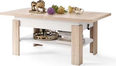 Produktbild von All4All Couchtisch Rino , Kaffeetisch , Wohnzimmertisch mit Ablage , Sofatisch , ausziehbar bis 170cm , höhenverstellbar , 130x65cm , 05 , Sonoma Eiche + Weiß
