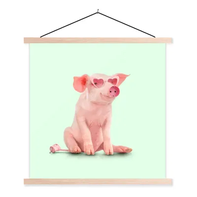 Produktbild von MuchoWow® Textilposter Schwein - Rosa - Brille - Sockel - Tiere 120x120 cm mit holzfarbenen Rahmen - Textil-Poster