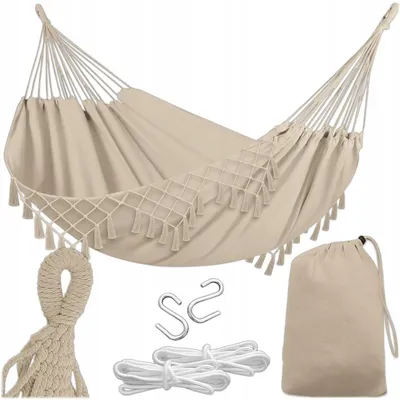 Produktbild von KRUMAD Hängematte Outdoor Boho-Stil 190x150 cm Beige 120 kg Belastbarkeit Mit Fransen Aufbewahrungstasche 2 Seilen Baumwolle-Polyester Outdoor Indoor