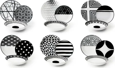 A collection of black and white patterned dinnerware sets arranged in a grid.
