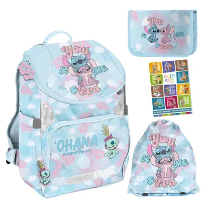 Produktbild von Schulranzen für Jungen und Mädchen, 4er-Set - Schul-Rucksack für Kinder mit Federmäppchen - Schuhbeutel und Hausaufgabenheft - Stitch Motiv