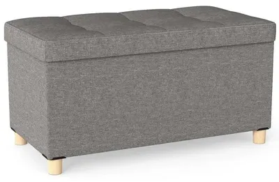 Image de Banc de rangement en lin avec plateau et pieds en bois d'hévéa
