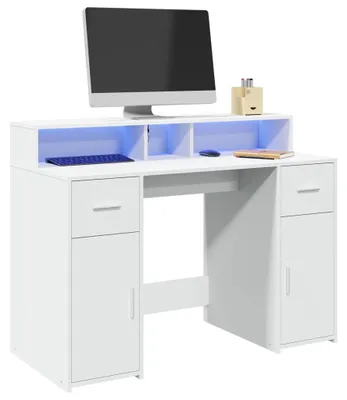 Immagine prodotto di Scrivania – Postazione di lavoro – Scrivania da scrivania – Scrivania da gaming – Scrivania per computer – Illuminazione RGB LED – Bianco – 120x55x91 cm