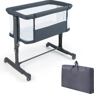 Obrázok produktu pre COSTWAY 3 v 1 spoločná postieľka, cestovná postieľka s matracom, kolíska s prenosnou postieľkou do 9 kg (tmavosivá)
