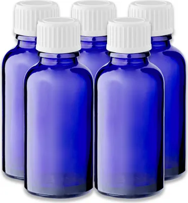 Produktbild von 5x Blaue Glasflasche 30 ml mit weißem PP-Schraubverschluss Kappe leer