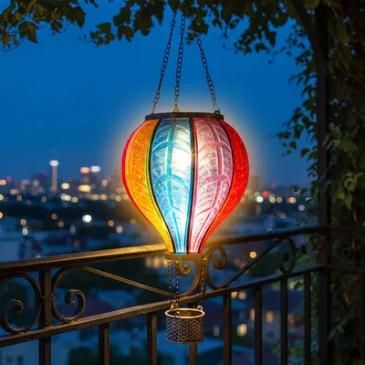 Produktbild von Solar LED Heißluftballon Lampe bunt zum Hängen - 62 cm - Garten Lichtspiel mit Flammen Effekt warm weiß
