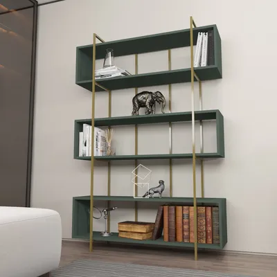 A modern, dark green bookshelf with gold accents, filled with books and decorative items, placed against a light gray wall.