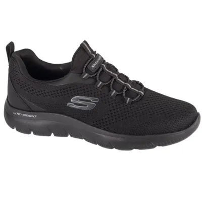 A black Skechers shoe is shown against a white background.
