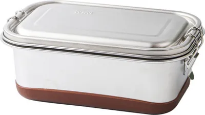 Produktbild von Brotdose aus 304 Edelstahl, doppelschichtig, 3 Faecher, 1,2 l, rechteckige Bento-Box mit Silikonboden