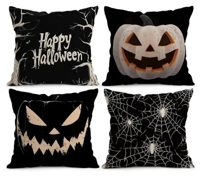 Productafbeelding van Halloween kussensloopsets, 45x45 cm, 4 stuks, met afbeeldingen van pompoenen, spinnenwebben, in zwart