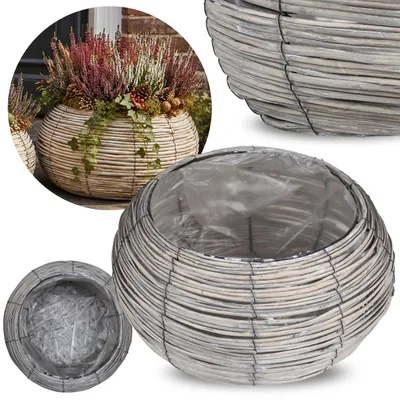 Produktbild von Grauer WEIDEN-Übertopf, großer runder BLUMENTOPF mit FOLIE, 39 × 21 cm