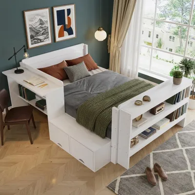 Produktbild von STILVORA Holzbett 120x200 cm mit Schreibtisch und Stauraum, Funktionsbett mit Klappfach und offenem Fußregal, Jugendbett mit Seitenmodul, KI-generiertes Bild