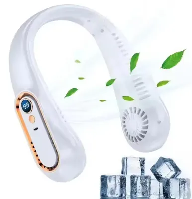 Produktbild von Tragbarer Nackenventilator, Flügelloser Ventilator, 5 Geschwindigkeiten, Digitalanzeige, 4‑Kanal Nackenventilator Weiß