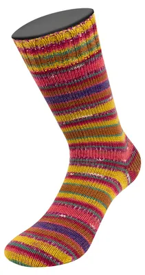 Produktbild von Lana Grossa - Meilenweit 100g Merino Extrafine Coccole 3804 ocker grün senfgelb dunkelrot hellrot fuchsia weiß gestreift